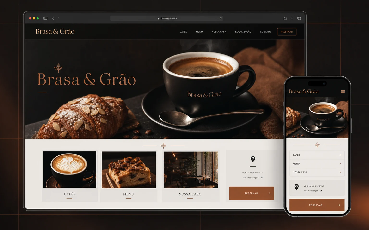Projeto conceitual Brasa & Grão exibido em telas desktop e mobile